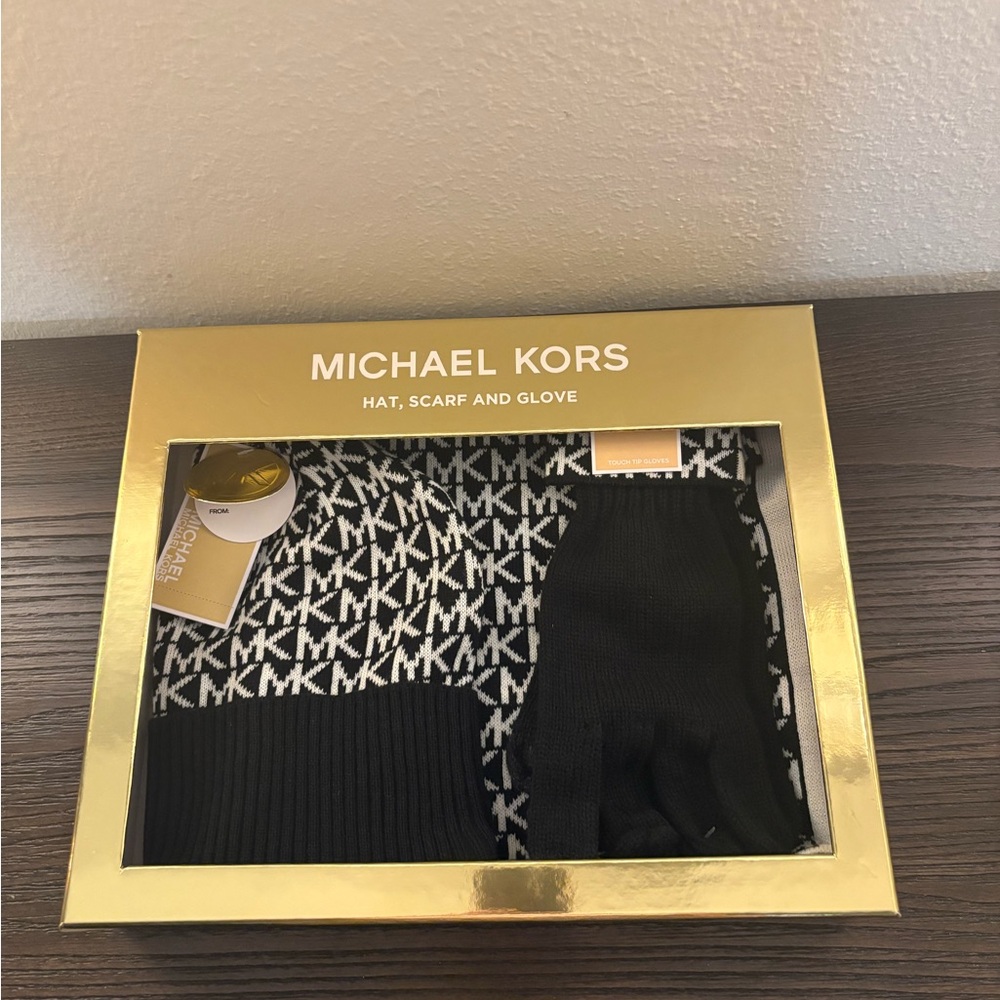 NEW Michael Kors Black Hat, Scarf, and Glove Set